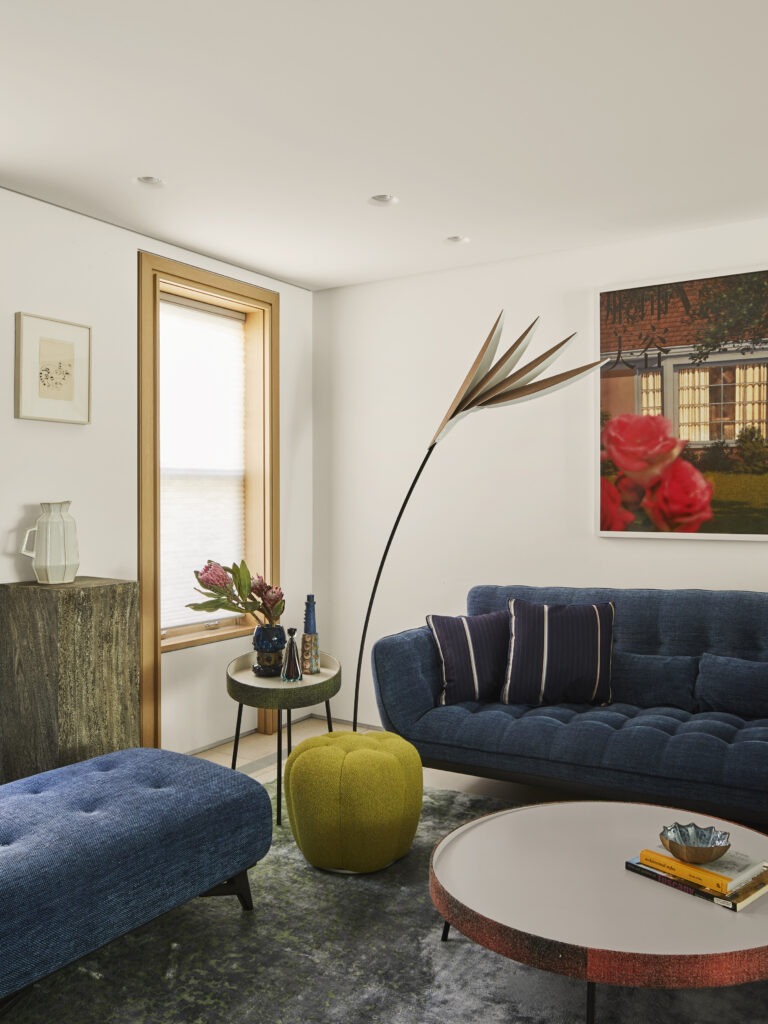 Park Slope townhouse living room with contemporary furniture and sculptural lighting